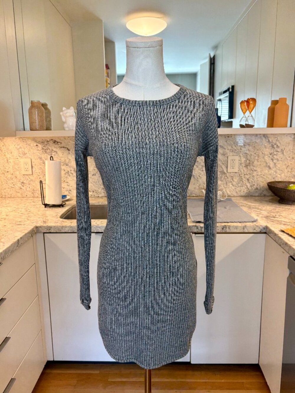 Topshop Gray Ribbed Knit Long Sleeve Mini Sweater Dress US 0 UK 4